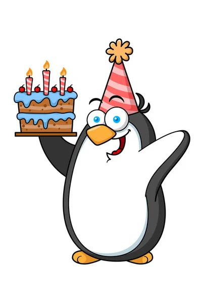 Cartoon Pinguin Maskottchen Hält Geburtstagstorte — Stockvektor