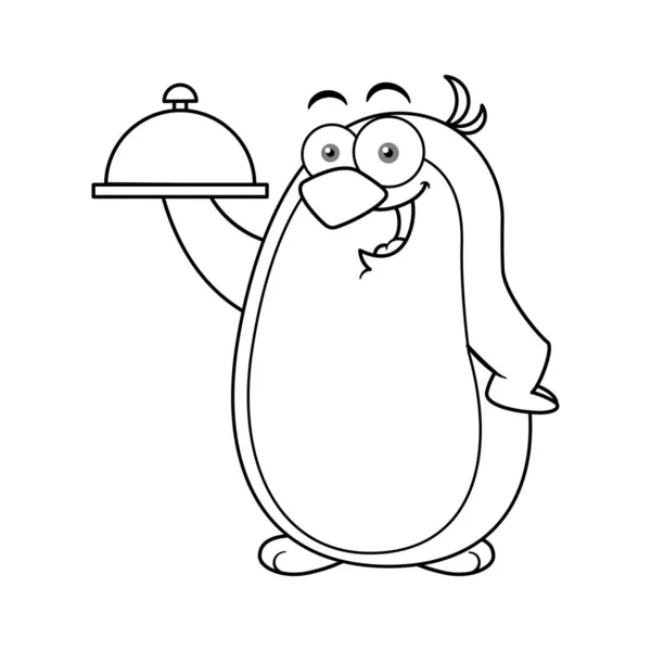 Tecknad Penguin Mascot Character Holding Plate Översikt — Stock vektor