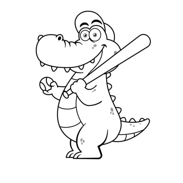 Lustige Baseballspieler Krokodil Cartoon Charakter Outline Premium Vektor — Stockvektor