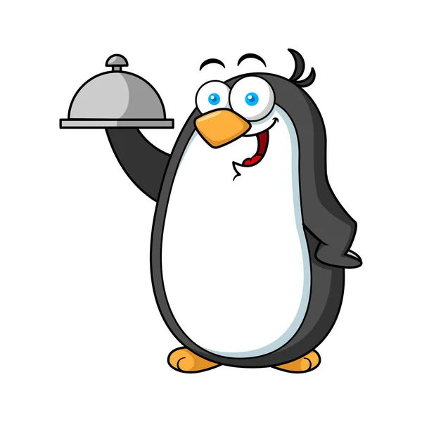 Cartoon Penguin Mascot Character Holding Plate — Stock Vector
