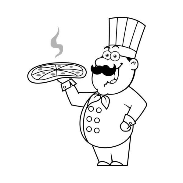 Desenhos Animados Chef Segurando Delicioso Pizza Esboço — Vetor de Stock