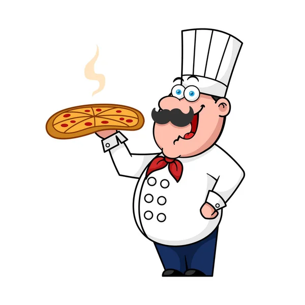 Chef Bande Dessinée Tenant Délicieuse Pizza — Image vectorielle