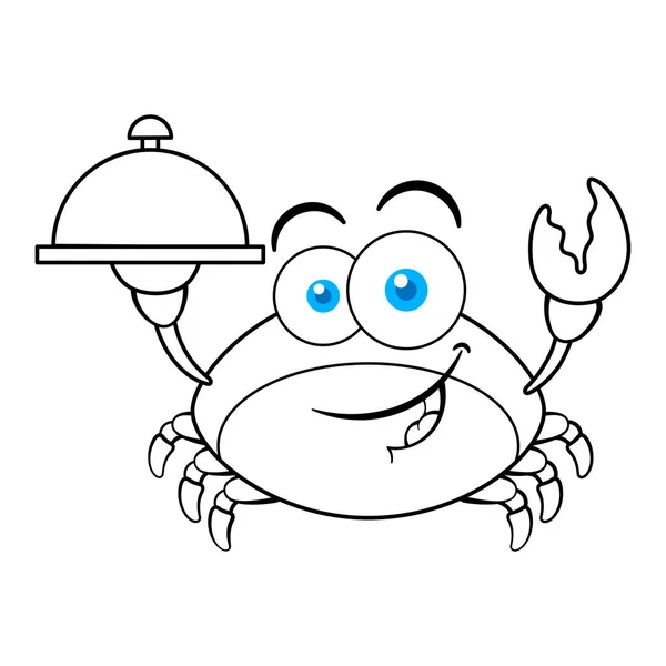 Funny Red Crab Cartoon Character Holding Plate Outline — Stockový vektor