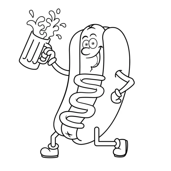 Hotdog Cartoon Figur Mit Bier Umriss — Stockvektor