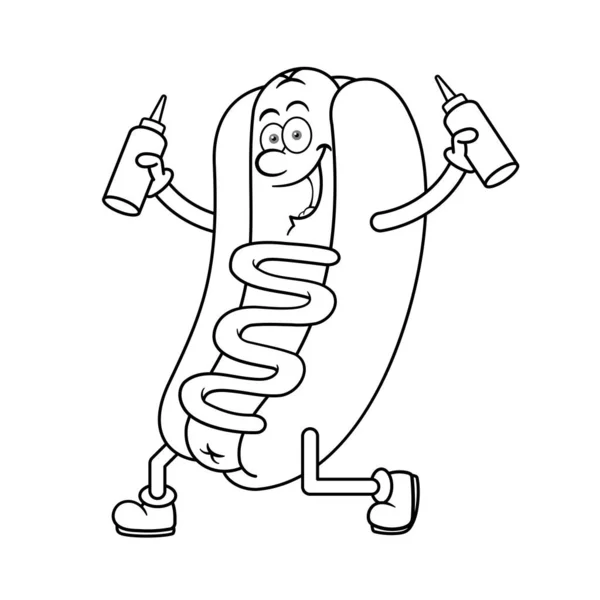 Hotdog Cartoon Character Holding Sauce Bottles Outline — 스톡 벡터