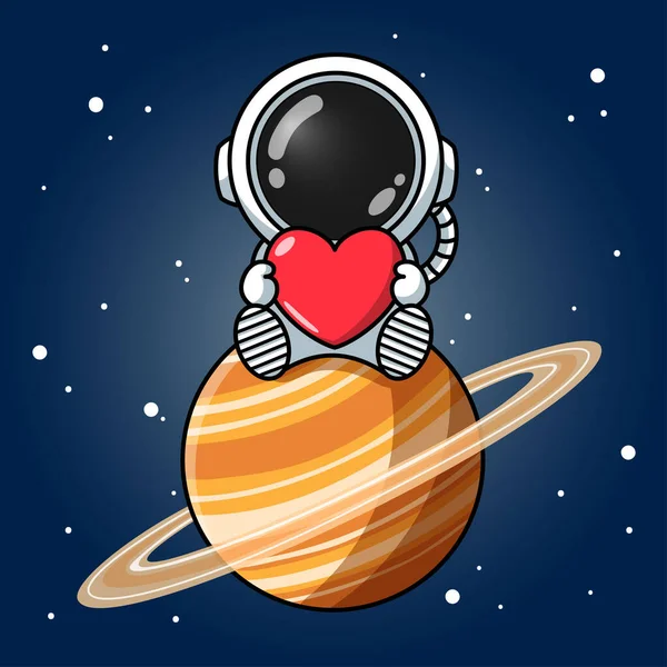 Cute Astronaut Holding Love Heart Saturn — Wektor stockowy