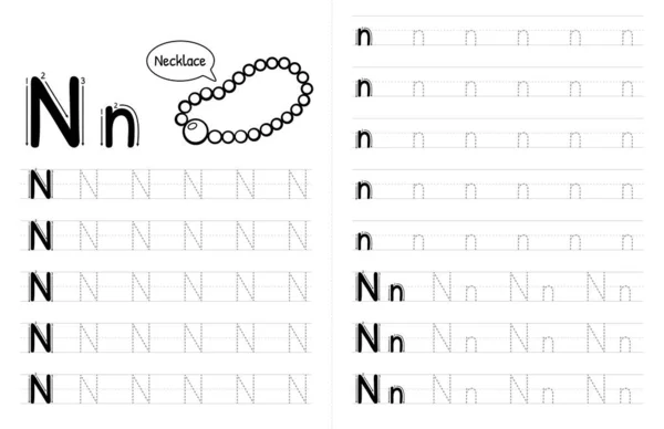 ABC Alfabe Alfabesi Çocuklar İçin Kitap İçi. Resimli Çalışma Kağıdı Yazan Çocuklar. Premium Vektör Elementleri N harfi.
