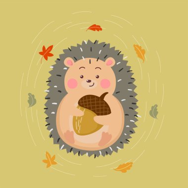 cute cartoon hedgehog hugging nut