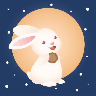 cute mid autumn festival bunny rabbit holding moon cake with moon background