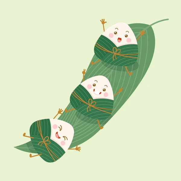 Şirin ve kawai Çin usulü pirinç hamurlu zongzi çizgi film karakterleri bambu yaprağıyla