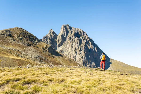Male Hiker Backpack Standing Meadow Looking His Climbing Target Adventure — Stockfoto