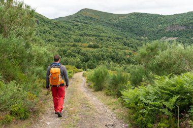 İspanya 'nın kuzeyindeki dağlarda yürüyen bir adam. Aktif dağ tatili.