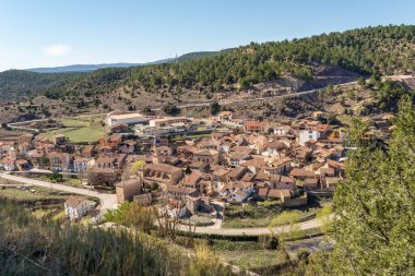Top view of traditional village of Teruel, Spain called Cabra de Mora in a bright spring day.