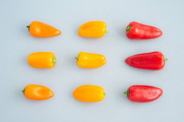 Mavi arka planda organik turuncu, sarı ve kırmızı biber yatıyordu. Üst Manzara. Sağlıklı gıda konsepti. Minimalizm tarzı.