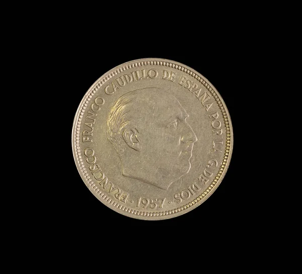 Pesetas Mynt Tillverkade Spanien Som Visar Porträtt Francisco Franco Caudillo — Stockfoto