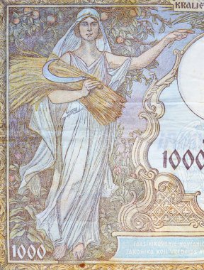 Yugoslavya tarafından basılan 1.000 dinar banknotta bir tomar tahılla bir kadın figürü görülüyor
