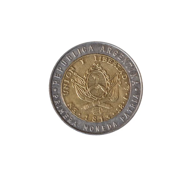 Одна Монета Песо Сделанная Аргентиной Которой Изображен Национальный Герб — стоковое фото
