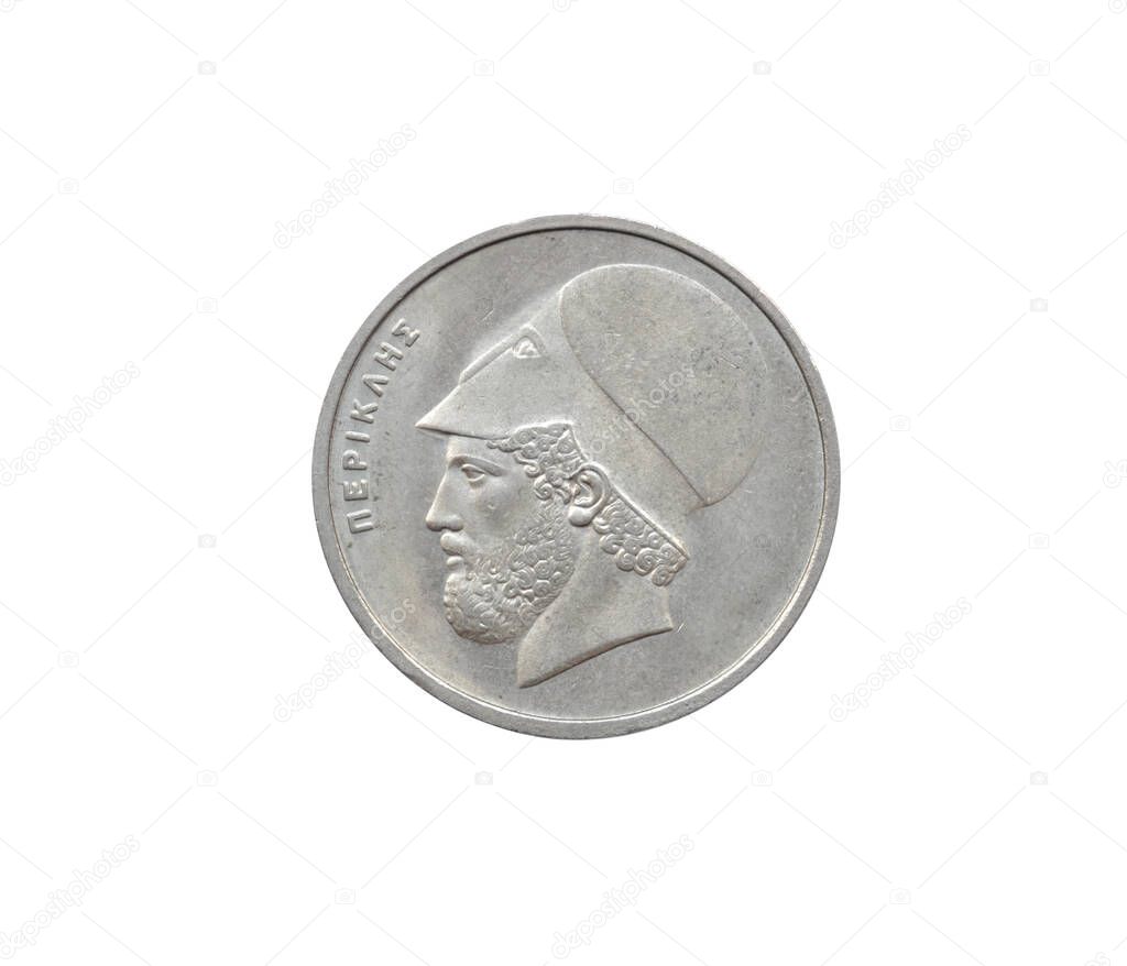 Obverse of 20 Drachma coin that shows portrait of Pericles