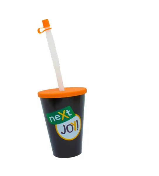 Fekete Műanyag Üveg Narancssárga Kupakkal Fehér Szalma Márkanévvel Next Joy — Stock Fotó