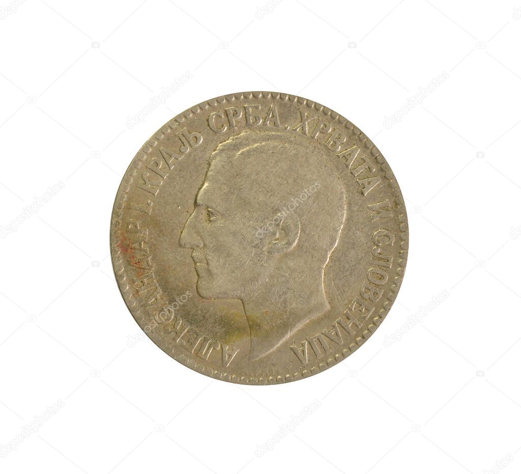 Obverse of 2 dinars coin made by Kingdom of Serbs, Croats and Slovenians,  in 1925, that shows portrait of king Alexander I