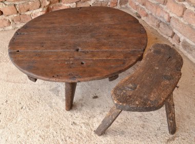 Antique round wooden table and small chair 