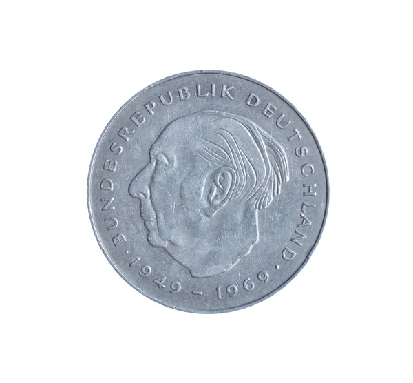 Two Mark Coin Made Germany Shows Portrait President Theodor Heuss — Fotografia de Stock