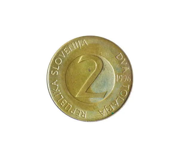 Two Slovenian Tolar Coin Made Slovenia Shows Numeral Value — 스톡 사진