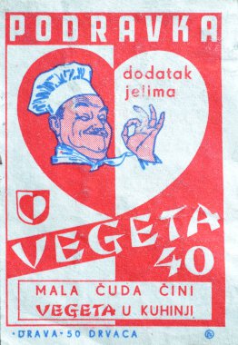 Podravka 'nın Vegeta markasını tanıtan Drava kibrit kutusu etiketi, 1969 dolaylarında..