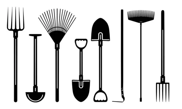Conjunto de ferramentas de jardim silhueta preto e branco Vector, — Vetor de Stock