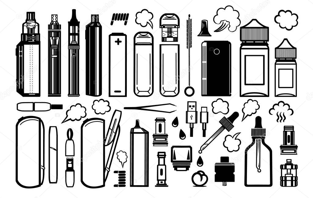A set of graphic icons for a vape shop. E-cigarettes, liquids, vapor blocks, pipettes, vatamod, tank, drip, vaporizer, cotton wool, battery, wire, tools. Isolated on white background Vector