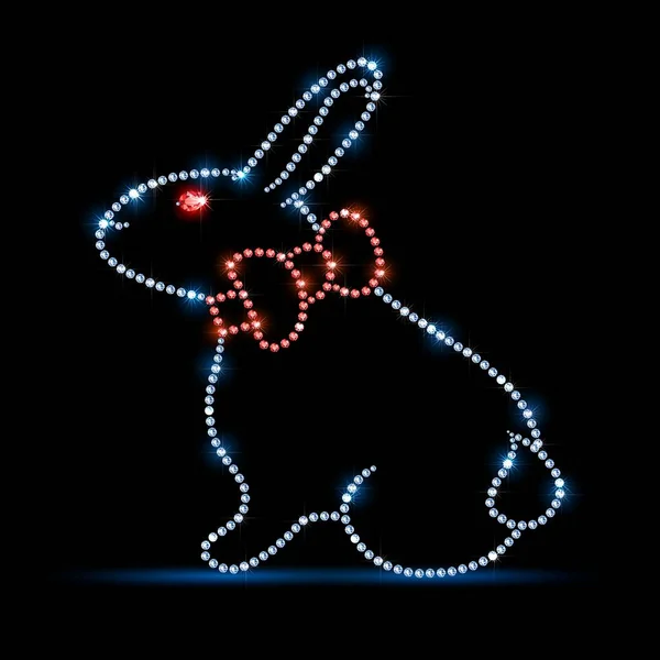 复活节兔子轮廓与红色弓 钻石是用宝石制成的 有菱形的钻石被隔离在黑色的背景上 在一个黑色的背景 矢量说明 免版税图库插图