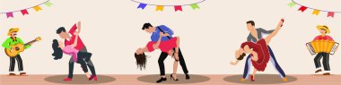 Profesyonel dansçılar sahnede iki müzisyenle tango ve rumba dansı yapıyorlar. Çizgi film vektör illüstrasyonu.