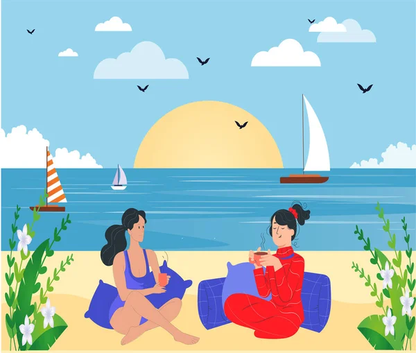 Beautiful Young Girls Spending Morning Time Tea Seaside Vector Illustration — Stock Vector