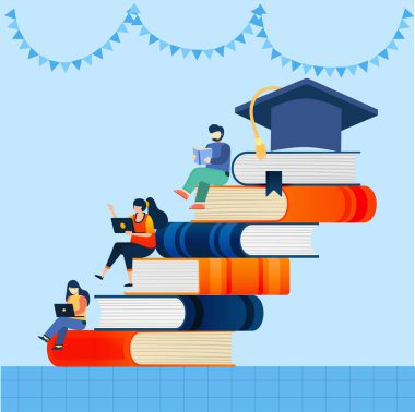 Eğitim hayatında başarılı olmak için kitaplardan ve internetten bilgi alan genç öğrenciler. Vektör illüstrasyonu.