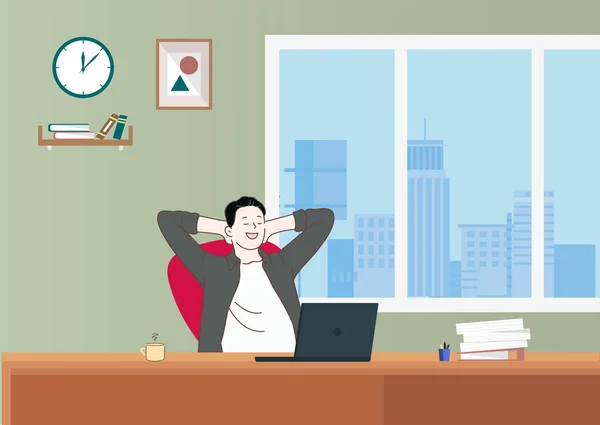 Hombre Negocios Está Feliz Satisfecho Con Trabajo Realizado Oficina Ilustraciones — Archivo Imágenes Vectoriales