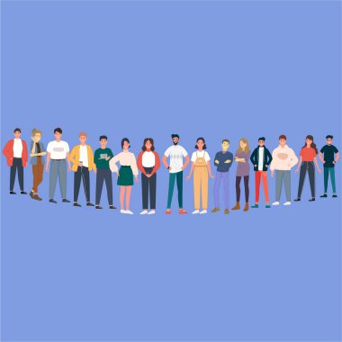 Gülümseyen erkekler ve kadınlar günlük giysiler içinde birlikte duruyorlar. Düz erkek ve kadın çizgi film karakterleri mavi arka planda izole edilmiştir..