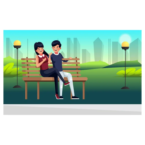 Giovane Coppia Seduta Parco Una Panchina Con Umore Romantico Illustrazione — Vettoriale Stock