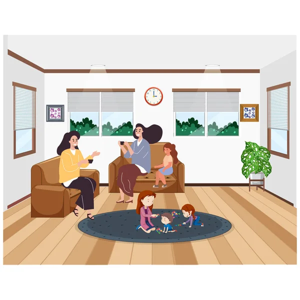 Des Femmes Assises Sur Canapé Prenant Thé Maison Happy Children — Image vectorielle