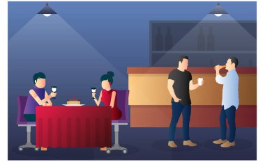 Mutlu çift ve arkadaşları gece görüşlü restoranda vakit geçiriyorlar. düz vektör illüstrasyonu.