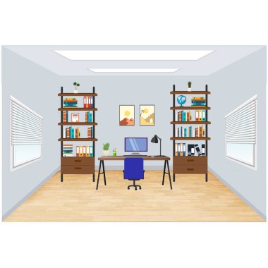 İki ahşap askısı olan modern tarz ofis işyeri, masada dönen sandalyeli bilgisayar. Düz vektör illüstrasyonu