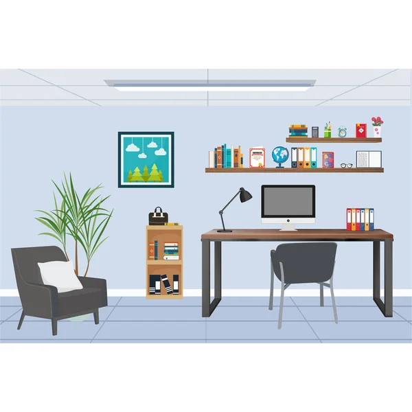 Modern Office Interior Latest Computer Table Stylish Work Place Flat — Stock Vector