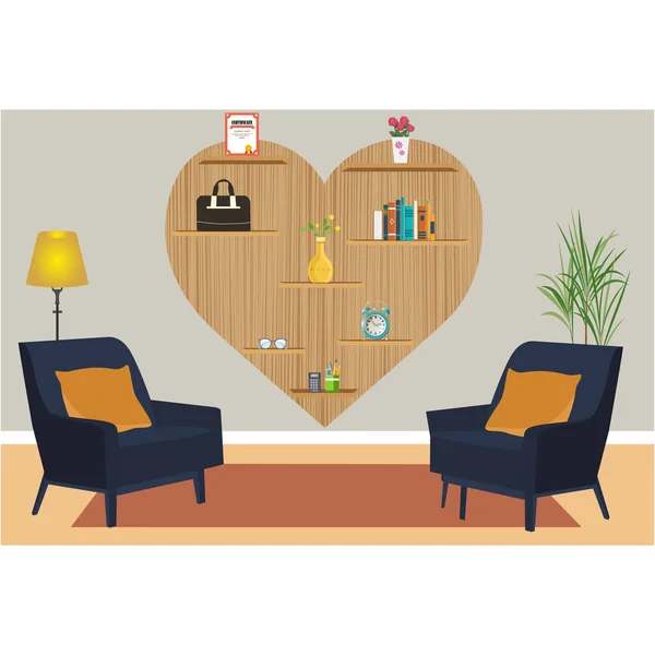 Dřevěná Police Krásném Obývacím Pokoji Dvěma Pohovkami Plochá Vektorová Ilustrace — Stockový vektor