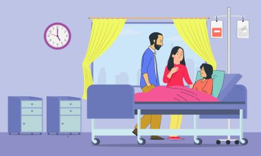 Annesine hastane yatağında aile ziyareti. Düz vektör illüstrasyonu