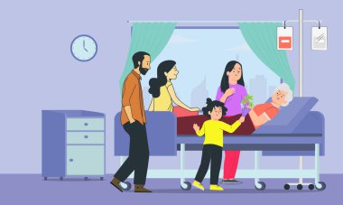 Hastane yatağında büyükannesine çiçek tutan sevimli bir bebekle aile ziyareti. Düz vektör illüstrasyonu