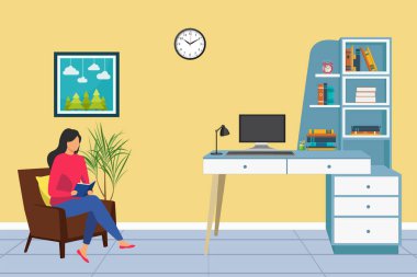 Masasında bilgisayar olan modern bir iş yeri. Düz vektör illüstrasyonu