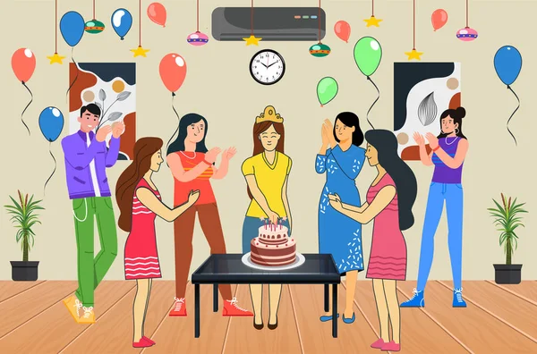 Group Friends Celebrating Birthday Party Home Flat Vector Illustration — Image vectorielle