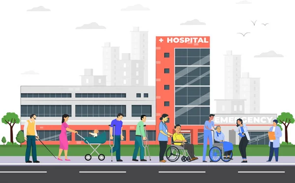 Disabled Patients Going Hospital Treatment Flat Vector Illustration — Vettoriale Stock