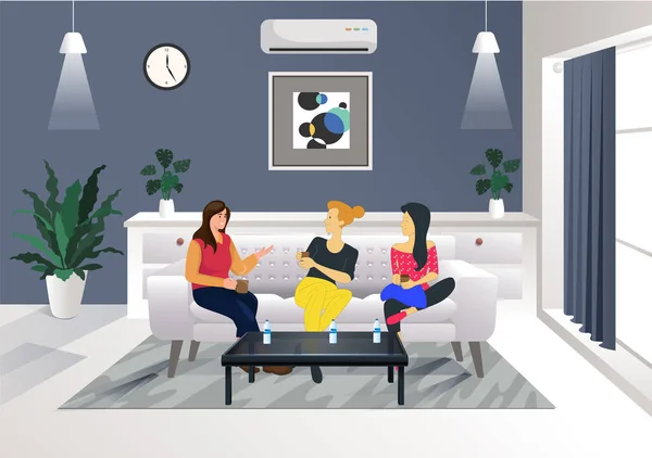 Mädchen Sitzen Auf Dem Sofa Modernen Gästezimmer Und Trinken Fröhlich — Stockvektor
