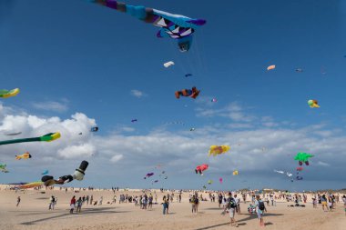 Corralejo, İspanya; 14 Kasım 2021: Corralejo Uluslararası Uçurtma Festivali 'nde birçok renkli uçurtma