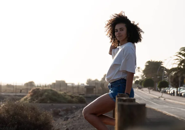 Multirassische Junge Frau Mit Afro Haaren Sitzt Auf Einem Zaun — Stockfoto